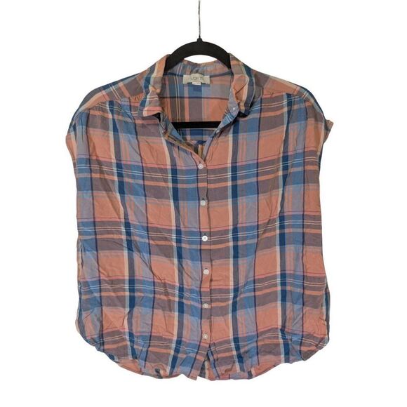 LOFT Dolman Plaid Short Sleeve Button Down Orange and Blue Top Size Medium - Picture 1 of 5